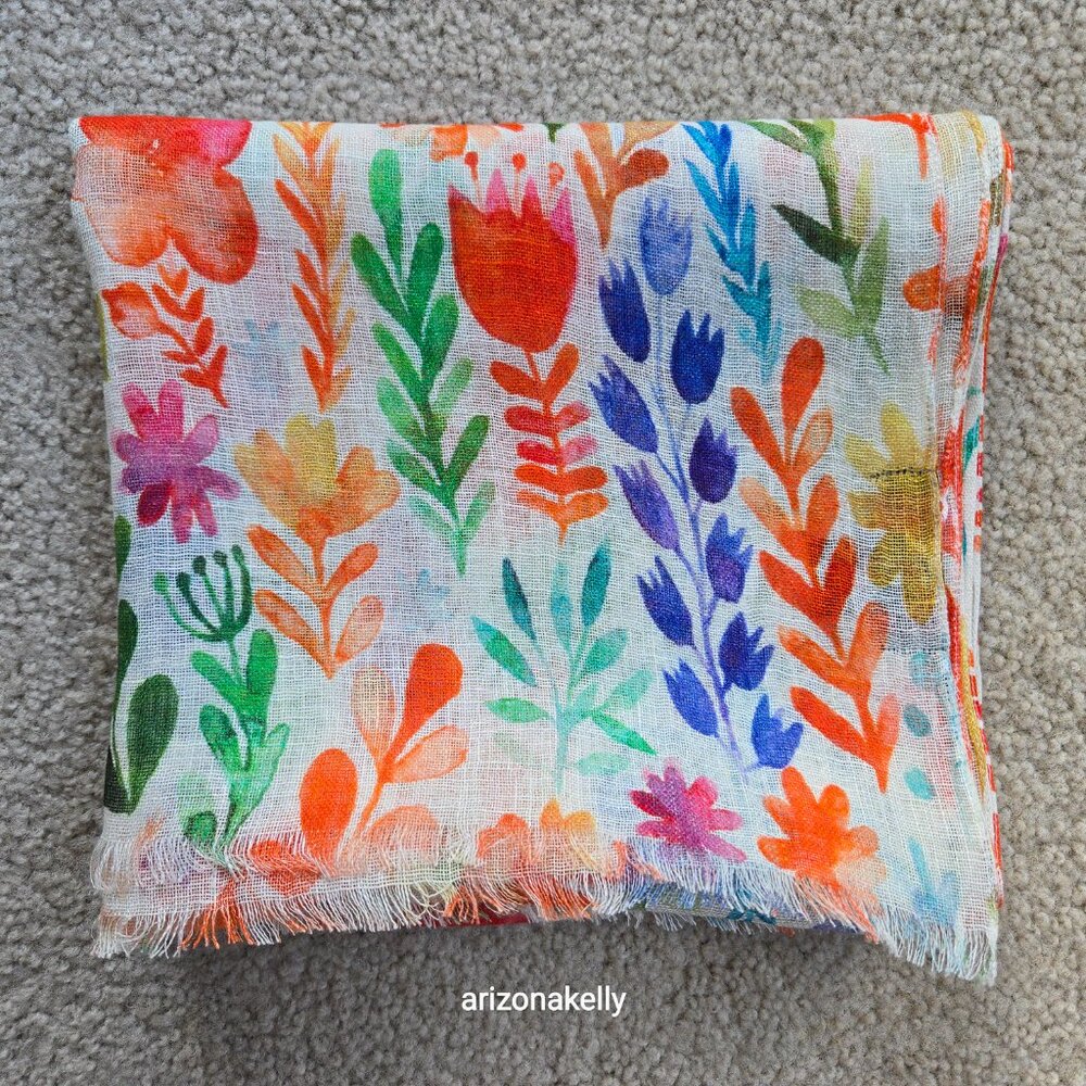 NWOT Linen Scarf Watercolor Flowers Colorful Art - Picture 10 of 10